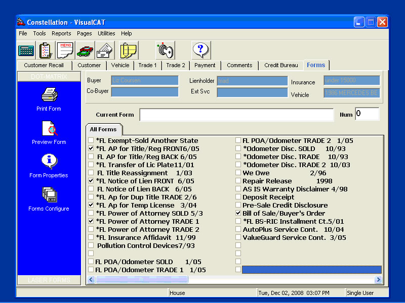 VCAT: F&I Software Forms Screen